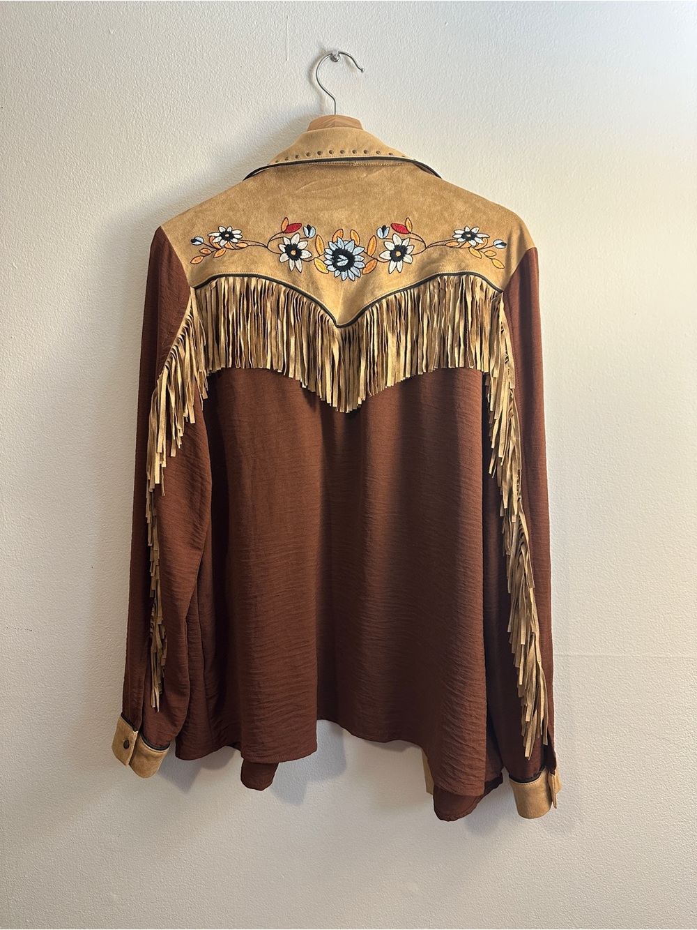 John Moon Texas Brown Fringe Western Button-Down Shirt with Embroidered Yoke